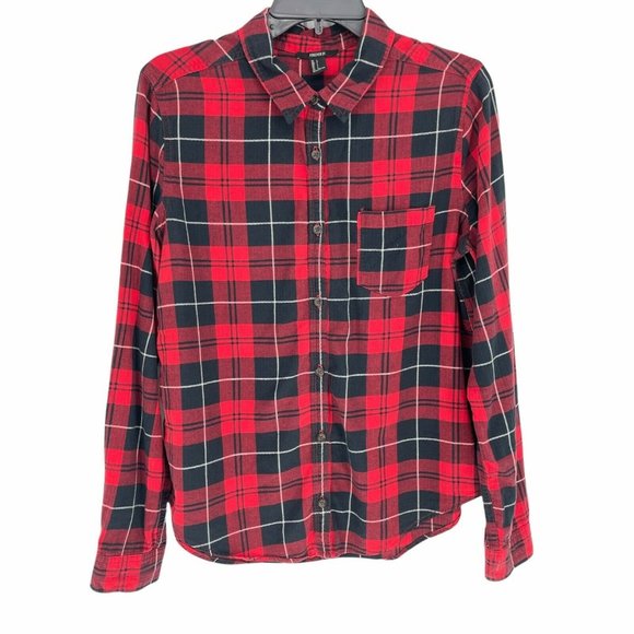 Forever 21 Tops - Forever21 Women's Plaid Long Sleeve Button-Up Shirt Red Cotton